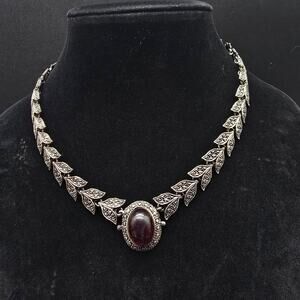 Faux Amber Pendant Necklace Silver Tone Faux Marcasite Vintage Jewelry